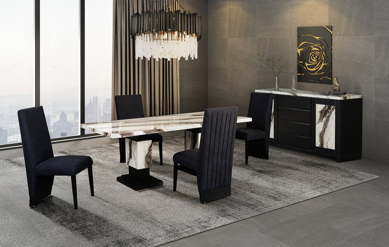 Table de salle à manger Vega de 82 po (L) avec imitation de marbre et base piédestal - noire et blanche