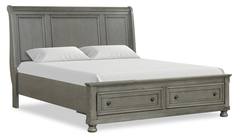 Ensemble de chambre à coucher Chelsea 6 pièces gris avec lit de rangement, commode et miroir - format très grand lit