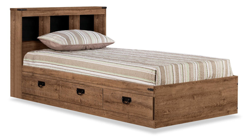 Ensemble lit matelot Driftwood 6 pièces avec tête de lit de rangement, commode, miroir et table de nui, brun - format lit simple