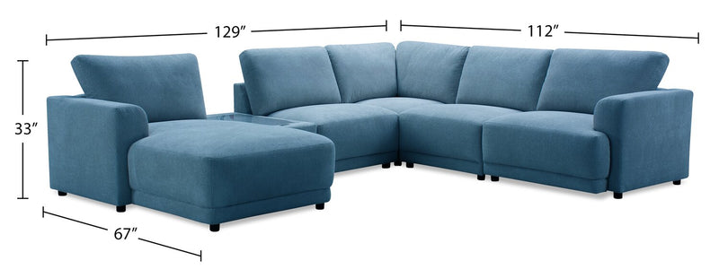 Sofa sectionnel modulaire de gauche Voyage 6 pièces en tissu avec console et coussins de dossier amovibles - bleu