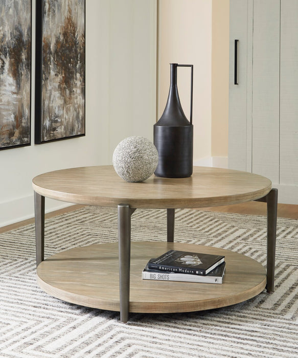 Table à café ronde moderne Lloyd de 43 po avec tablette et roulettes - gris-brun