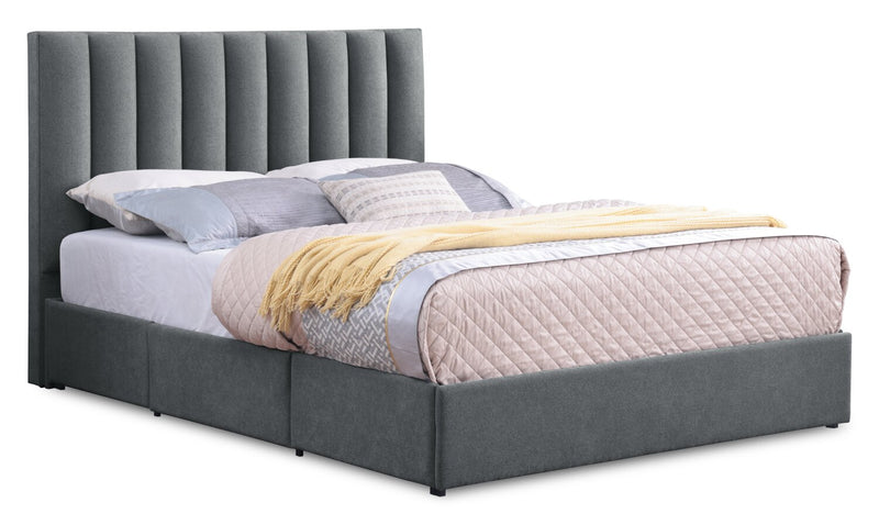 Base de lit de rangement Amos rembourrée en tissu anthracite avec 3 tiroirs intégrés - format lit double