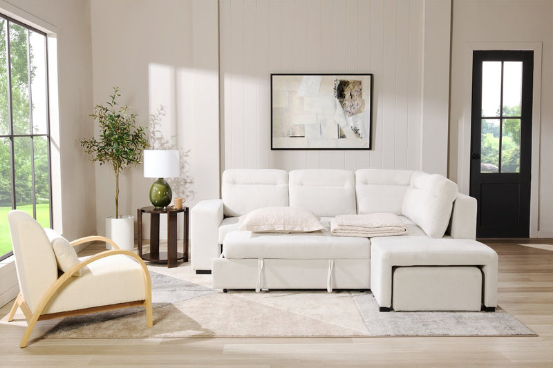 Sofa-lit sectionnel de droite Coast 3 pièces en tissu blanc ivoire avec fauteuil long de rangement et accoudoir de rangement