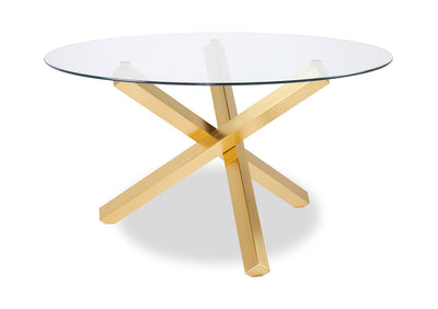 Gem Dining Table with Glass Top, Metal Geometric Base, 55"W Round - Gold | Table de salle à manger ronde Gem de 55 po (L) avec dessus en verre et base géométrique en métal - dorée