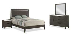 Ensemble de chambre à coucher Sable gris foncé 6 pièces avec lit, commode, miroir et table de nuit - format grand lit