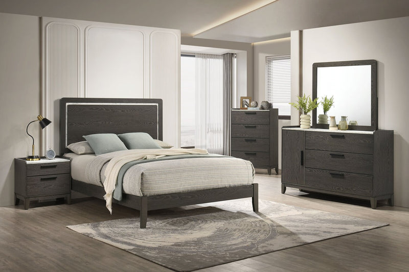 Ensemble de chambre à coucher Sable gris foncé 6 pièces avec lit, commode, miroir et table de nuit - format grand lit