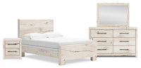 Ensemble de chambre à coucher Derekson 6 pièces blanc rustique avec lit à panneaux, commode, miroir et table de nuit - format lit double