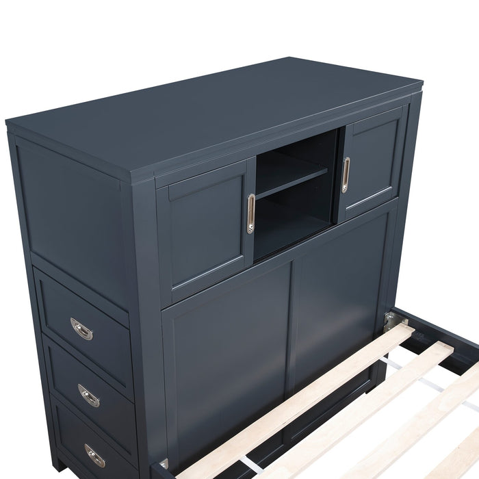 Lit plateforme Quinn avec tête de lit bibliothèque, bureau intégré et tabouret, bleu - format lit simple