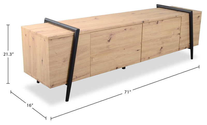 Meuble pour téléviseur moderne Rynar de 71 po avec rangement pour téléviseurs jusqu’à 80 po - bois naturel