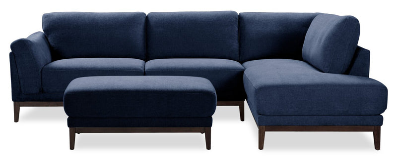 Sofa sectionnel de droite Horizon 2 pièces en tissu avec base et pattes en bois - bleu marine