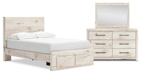  Ensemble de chambre à coucher Derekson 5 pièces blanc rustique avec lit de rangement, commode et miroir - format lit double
