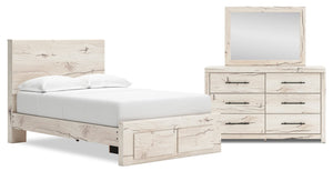 Ensemble de chambre à coucher Derekson 5 pièces blanc rustique avec lit de rangement, commode et miroir - format lit double