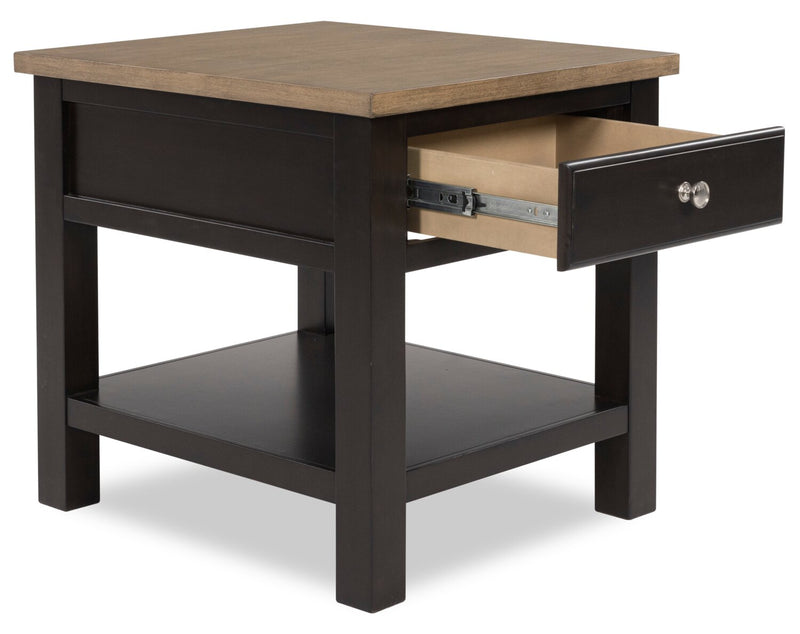 Table de bout Wells de 24 po en bois massif avec rangement et tablette - deux teintes de brun