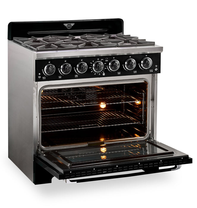 Cuisinière à gaz Classic Rétro par Unique de 36 po et de 5,2 pi3 à 6 brûleurs avec convection - noir minuit - UGP-36CR B