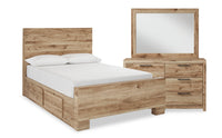  Ensemble de chambre à coucher Derekson 5 pièces naturel avec lit de rangement latéral, commode et miroir - format lit double