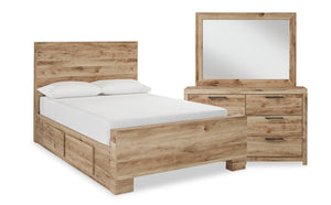 Ensemble de chambre à coucher Derekson 5 pièces naturel avec lit de rangement latéral, commode et miroir - format lit double