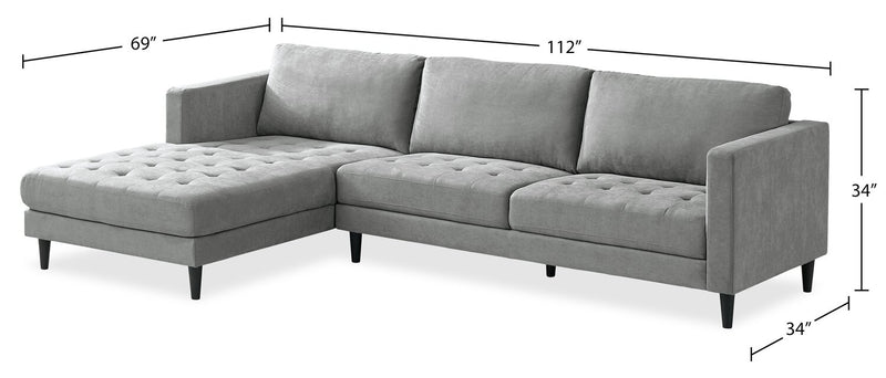 Sofa sectionnel de gauche Metro 2 pièces en tissu avec fauteuil long et coussins de siège capitonnés - gris