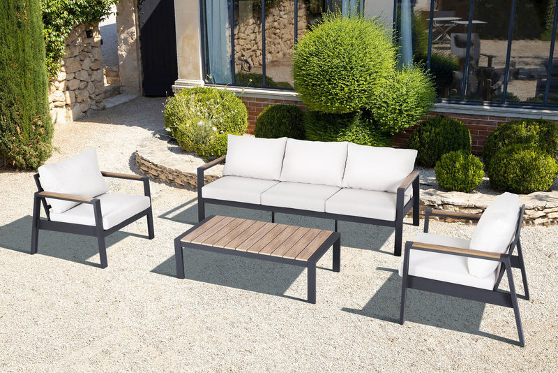 Ensemble Tuscany 4 pièces pour la terrasse à l’extérieur avec sofa, 2 fauteuils et table à café - métal - beige et noir