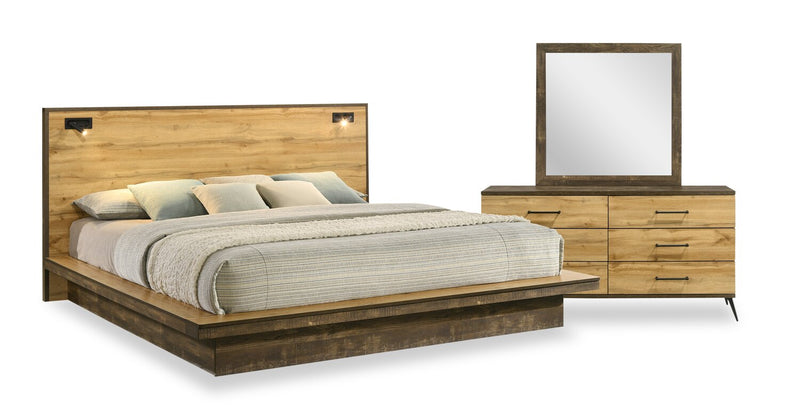 Ensemble de chambre à coucher Silas 5 pièces brun rustique avec lit plateforme, commode, miroir et éclairage à DEL - format très grand lit
