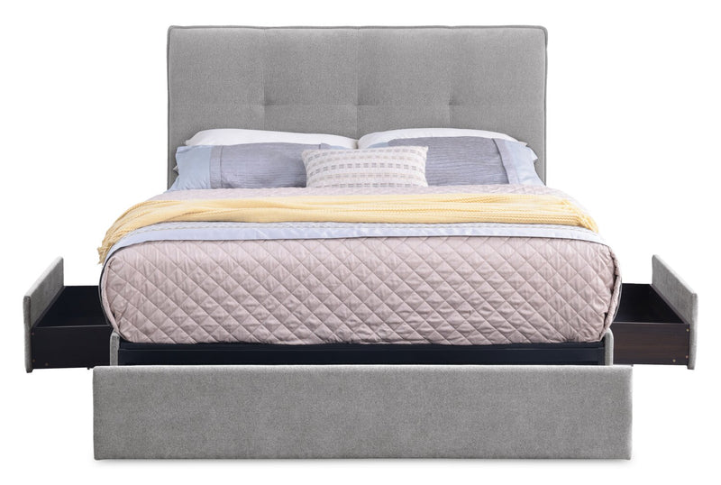 Base de lit de rangement Amos rembourrée en tissu gris avec 3 tiroirs intégrés - format très grand lit