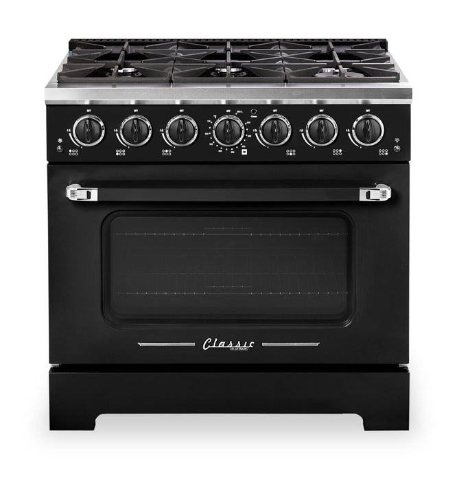 Cuisinière à gaz Classic Rétro par Unique de 36 po et de 5,2 pi3 à 6 brûleurs avec convection - noir minuit - UGP-36CR B