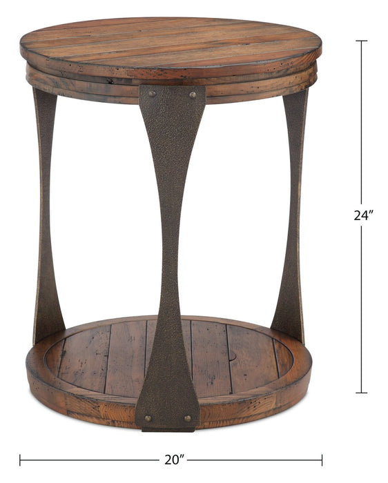 Table de bout ronde industrielle Albany de 20 po en pin avec tablette - bourbon