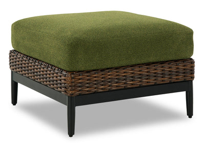 Tofino Outdoor Patio Ottoman - Resin Wicker & Aluminum - UV & Weather Resistant - Green/Brown/Black | Pouf Tofino pour la terrasse à l’extérieur - osier en résine et aluminium - résistant aux rayons UV et aux intempéries - vert, brun et noir