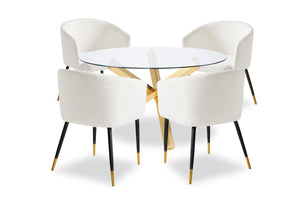 Ensemble de salle à manger Gem 5 pièces avec table ronde de 55 po (L), dessus en verre, base en métal et 4 chaises - doré et blanc