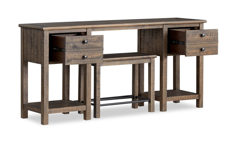 Table de salon Edwin de 64 po en pin champêtre avec rangement et tabouret - brun champêtre