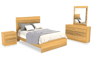 Ensemble de chambre à coucher Riley 6 pièces avec lit à panneaux, commode, miroir et table de nuit, fabriqué au Canada, naturel - format lit double