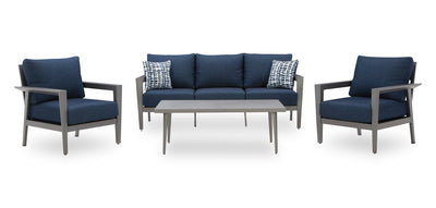 Barrie 4-Piece Outdoor Patio Set with Sofa, 2 Chairs and Table - Aluminum, UV & Weather Resistant  - Blue & Grey | Ensemble Barrie 4 pièces pour la terrasse à l’extérieur avec sofa, 2 fauteuils et table - aluminium - bleu et gris