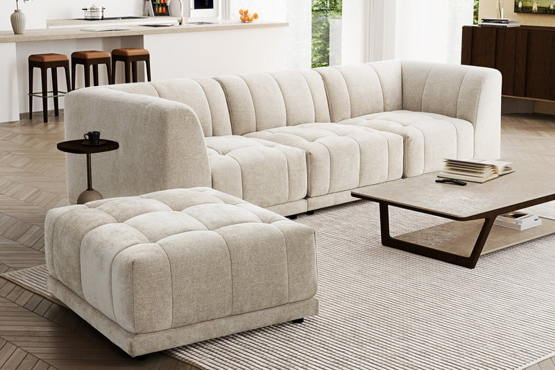 Sofa sectionnel modulaire Oaklyn 4 pièces en tissu avec pouf et coussins de siège capitonnés - beige