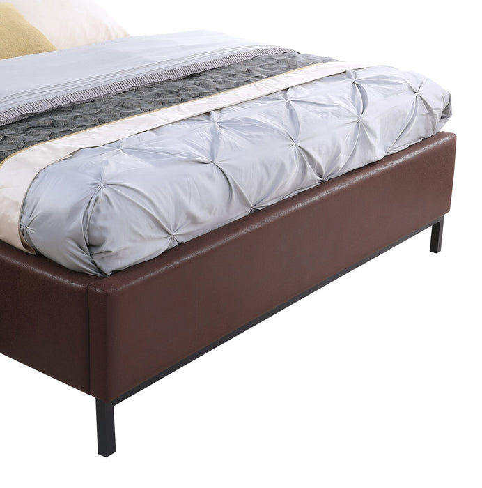 Lit plateforme rembourré Hugo en tissu de cuir végétalien brun avec capitonnage - format très grand lit