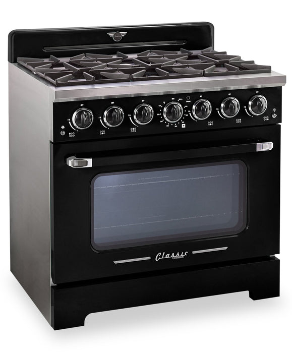 Cuisinière à gaz Classic Rétro par Unique de 36 po et de 5,2 pi3 à 6 brûleurs avec convection - noir minuit - UGP-36CR B