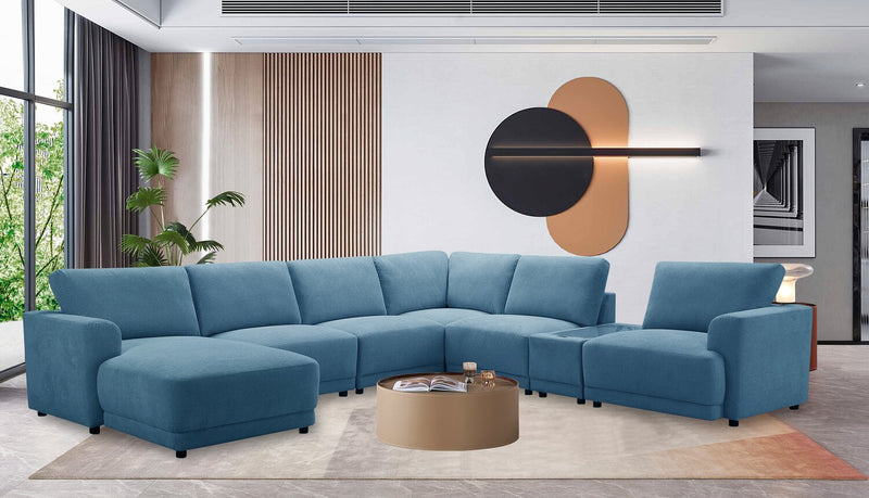 Sofa sectionnel modulaire de gauche Voyage 7 pièces en tissu avec console et coussins de dossier amovibles - bleu