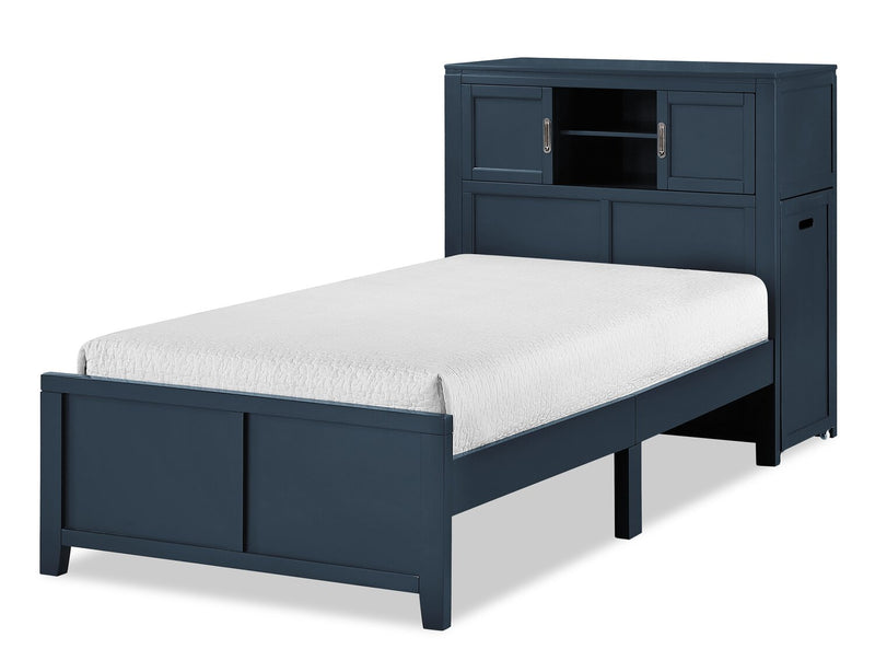 Lit plateforme Quinn avec tête de lit bibliothèque, bureau intégré et tabouret, bleu - format lit simple