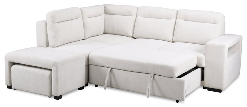 Sofa-lit sectionnel de gauche Coast 3 pièces en tissu blanc ivoire avec fauteuil long de rangement et accoudoir de rangement