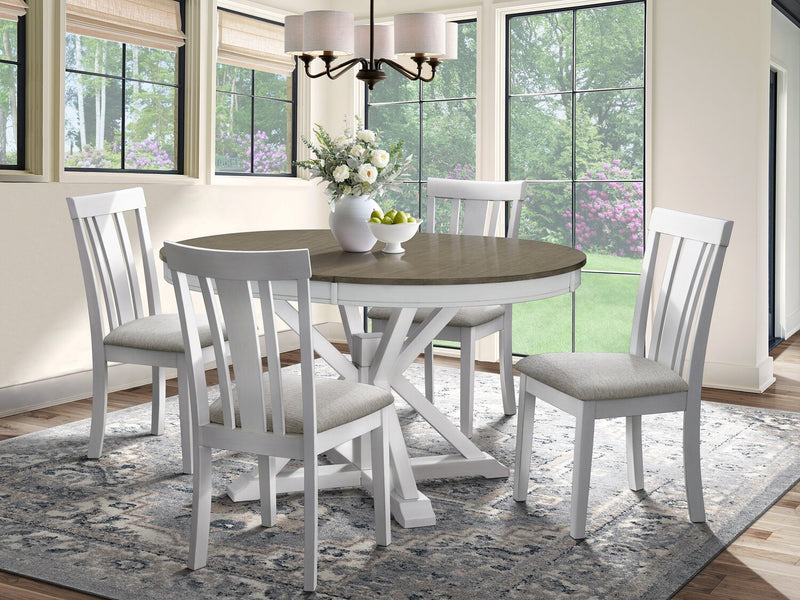 Ensemble de salle à manger Brook 5 pièces avec table ronde, rallonge de 42 po à 54 po (L) et 4 chaises - blanc et brun