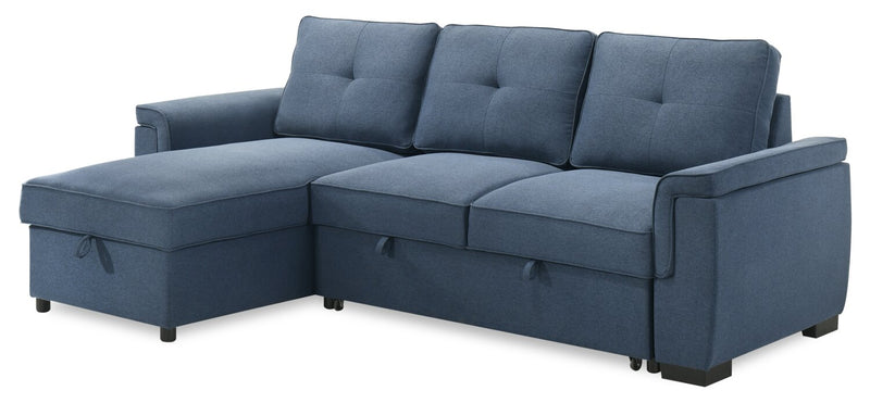 Sofa-lit sectionnel réversible Eden 2 pièces en tissu avec fauteuil long de rangement et coussins de dossier amovibles - bleu