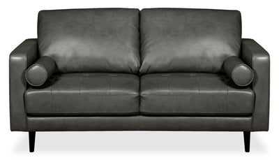Edge 70" Genuine Leather Loveseat with Wood Legs and Removable Back Cushions - Grey | Causeuse Edge de 70 po en cuir véritable avec pattes en bois et coussins de dossier amovibles - grise
