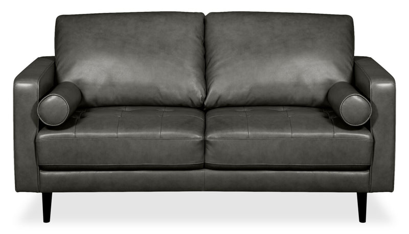 Causeuse Edge de 70 po en cuir véritable avec pattes en bois et coussins de dossier amovibles - grise