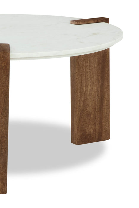 Table à café ronde Merlin de 33 po en bois massif et en marbre - blanche et brune