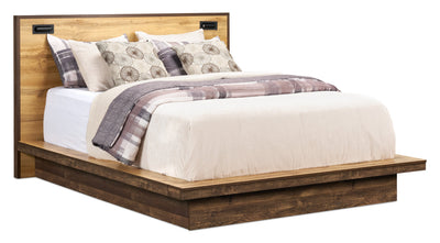 Silas Platform Bed with Headboard & Frame, LED, Rustic Brown - Queen Size | Lit plateforme Silas brun rustique avec tête de lit, cadre et éclairage à DEL - format grand lit
