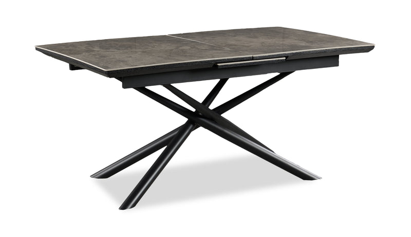 Table de salle à manger Tavo en pierre frittée et métal avec rallonge de 63 po à 79 po (L) et base piédestal géométrique - grise et noire