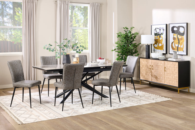 Table de salle à manger Tavo en pierre frittée et métal avec rallonge de 63 po à 79 po (L) et base piédestal géométrique - grise et noire