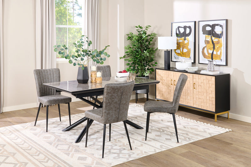 Table de salle à manger Tavo en pierre frittée et métal avec rallonge de 63 po à 79 po (L) et base piédestal géométrique - grise et noire