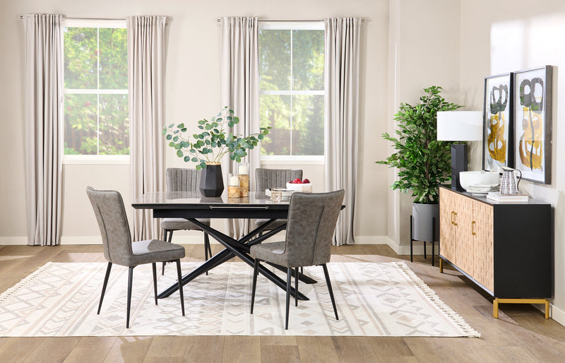 Table de salle à manger Tavo en pierre frittée et métal avec rallonge de 63 po à 79 po (L) et base piédestal géométrique - grise et noire