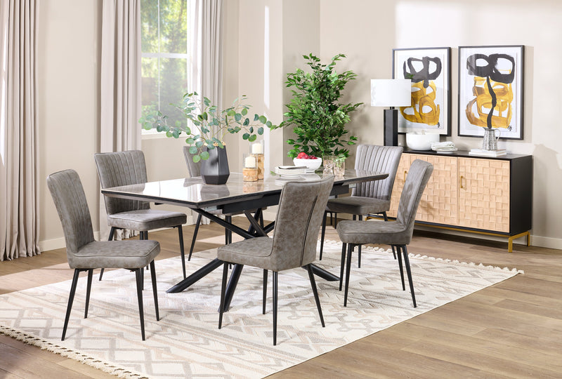 Table de salle à manger Tavo en pierre frittée et métal avec rallonge de 63 po à 79 po (L) et base piédestal géométrique - grise et noire