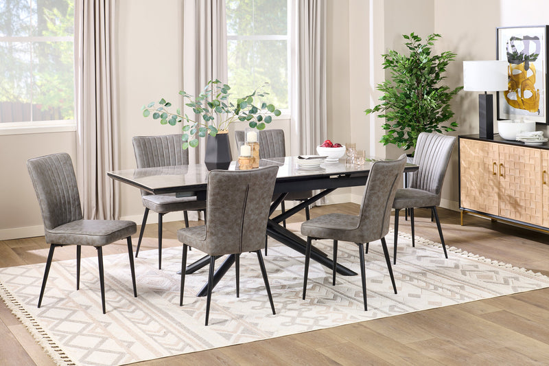 Table de salle à manger Tavo en pierre frittée et métal avec rallonge de 63 po à 79 po (L) et base piédestal géométrique - grise et noire