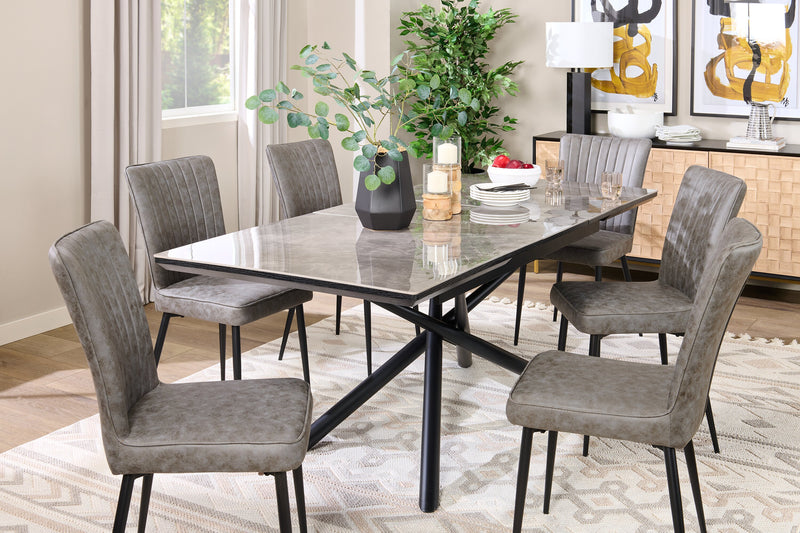 Table de salle à manger Tavo en pierre frittée et métal avec rallonge de 63 po à 79 po (L) et base piédestal géométrique - grise et noire